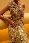 Moledro_Yellow Chiffon, Net Embroidery, Sequins, Beads, Ember Blouse And Draped Skirt _at_Aza_Fashions