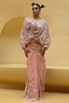 Buy_Moledro_Peach Net, Polyester Sequins, Embroidery, Ambrose Cape Blouse With Draped Skirt _at_Aza_Fashions