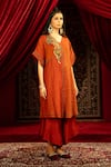 Sonia Baderia_Red Chanderi, Tissue, Silk Embroidery, Beads, Sequins Hand Kurta And Pant Set _Online_at_Aza_Fashions