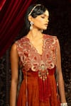 Sonia Baderia_Red Tissue Embroidery, Tassels, Sequins V-neck Anarkali With Cape _Online_at_Aza_Fashions