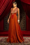 Buy_Sonia Baderia_Red Tissue Embroidery, Tassels, Sequins V-neck Anarkali With Cape _Online_at_Aza_Fashions