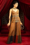 Buy_Sonia Baderia_Brown Chanderi, Tissue Embroidery, Tassels Hand Peplum Kurta Sharara Set _Online_at_Aza_Fashions