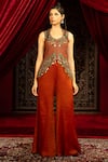 Sonia Baderia_Red Chanderi, Tissue Embroidery, Sequins, Tassels Hand Peplum Jacket With Pant _Online_at_Aza_Fashions