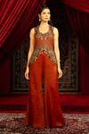 Shop_Sonia Baderia_Red Chanderi, Tissue Embroidery, Sequins, Tassels Hand Peplum Jacket With Pant _at_Aza_Fashions