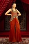 Buy_Sonia Baderia_Red Chanderi, Tissue Embroidery, Sequins, Tassels Hand Peplum Jacket With Pant _at_Aza_Fashions
