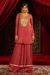 Sonia Baderia_Fuchsia Chanderi, Tissue Sequins, Beads, Hand Embroidered Kurta Sharara Set _Online_at_Aza_Fashions