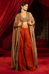 Sonia Baderia_Brown Chanderi, Tissue Beads, Sequins, Embroidery, Metallic Hand Cape Pant Set _Online_at_Aza_Fashions