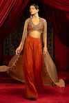 Buy_Sonia Baderia_Brown Chanderi, Tissue Beads, Sequins, Embroidery, Metallic Hand Cape Pant Set _Online_at_Aza_Fashions