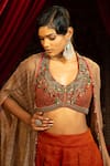 Sonia Baderia_Brown Chanderi, Tissue Beads, Sequins, Embroidery, Metallic Hand Cape Pant Set _at_Aza_Fashions