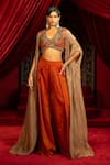 Buy_Sonia Baderia_Brown Chanderi, Tissue Beads, Sequins, Embroidery, Metallic Hand Cape Pant Set _at_Aza_Fashions