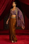 Sonia Baderia_Purple Satin, Tussar, Chanderi, Tissue Embroidery Open Cape Dhoti Skirt Set _Online_at_Aza_Fashions