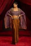 Buy_Sonia Baderia_Purple Satin, Tussar, Chanderi, Tissue Embroidery Open Cape Dhoti Skirt Set _at_Aza_Fashions