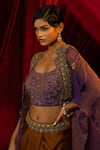 Buy_Sonia Baderia_Purple Satin, Tussar, Chanderi, Tissue Embroidery Open Cape Dhoti Skirt Set _Online_at_Aza_Fashions