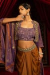 Shop_Sonia Baderia_Purple Satin, Tussar, Chanderi, Tissue Embroidery Open Cape Dhoti Skirt Set _Online_at_Aza_Fashions