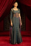 Sonia Baderia_Teal Chanderi, Tissue Embroidery, Beads, Tassels Square Neck Hand Skirt Set _Online_at_Aza_Fashions