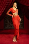 Sonia Baderia_Orange Sequins, Zari, Embroidery V-neck Hand Pre-draped Saree With Blouse _Online_at_Aza_Fashions