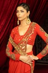 Sonia Baderia_Orange Sequins, Zari, Embroidery V-neck Hand Pre-draped Saree With Blouse _at_Aza_Fashions