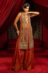 Buy_Sonia Baderia_Brown Chanderi, Satin Beads, Sequins Hand Embroidered Long Jacket And Sharara Set _at_Aza_Fashions
