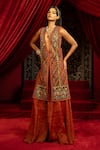 Sonia Baderia_Brown Chanderi, Satin Beads, Sequins Hand Embroidered Long Jacket And Sharara Set _Online_at_Aza_Fashions