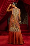Shop_Sonia Baderia_Brown Chanderi, Satin Beads, Sequins Hand Embroidered Long Jacket And Sharara Set _at_Aza_Fashions