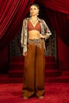 Buy_Sonia Baderia_Brown Satin Collared Printed Shirt And Mocha Mousse Pant Set _at_Aza_Fashions