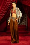 Shop_Sonia Baderia_Brown Satin Collared Printed Shirt And Mocha Mousse Pant Set _at_Aza_Fashions