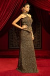 Sonia Baderia_Brown Chanderi, Tissue Beads, Metallic Thread High Neck Gown _at_Aza_Fashions