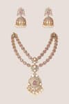 Shop_Zevar By Geeta_Pink Stones, Pearls, Crystals Long Polki Embellished Pendant Necklace Set _at_Aza_Fashions