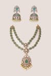Shop_Zevar By Geeta_Green Pearls, Stones, Crystals Long Polki Pendant Necklace Set _at_Aza_Fashions