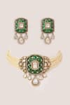 Shop_Zevar By Geeta_Green Stones, Crystals, Faux Diamonds Polki Embellished Pendant Choker Set _at_Aza_Fashions