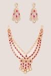 Shop_Zevar By Geeta_Gold Plated Stones, Crystals Moissanite Long Pendant Necklace Set _at_Aza_Fashions