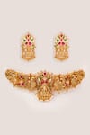 Shop_Zevar By Geeta_Gold Plated Stones, Pearls, Crystals Kundan Embellished Temple Choker Set _at_Aza_Fashions