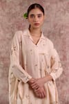 Buy_Doodlage_Beige Bemberg, Linen Collared, V-neck Printed Tunic And Pant Set _Online_at_Aza_Fashions