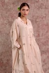 Shop_Doodlage_Beige Bemberg, Linen Collared, V-neck Printed Tunic And Pant Set _Online_at_Aza_Fashions