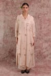 Shop_Doodlage_Beige Bemberg, Linen Collared, V-neck Printed Tunic And Pant Set 