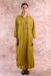 Buy_Doodlage_Green Bemberg, Linen Collared, V-neck Tunic _at_Aza_Fashions