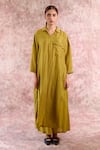 Shop_Doodlage_Green Bemberg, Linen Collared, V-neck Tunic And Pleated Pant Set _at_Aza_Fashions