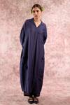 Buy_Doodlage_Navy Bemberg, Linen Collared, V-neck Tunic _Online_at_Aza_Fashions