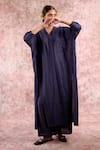 Buy_Doodlage_Navy Bemberg, Linen Collared, V-neck Tunic And Pleated Pant Set 