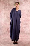 Buy_Doodlage_Navy Bemberg, Linen Collared, V-neck Tunic And Pleated Pant Set _at_Aza_Fashions