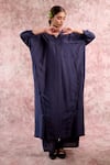 Shop_Doodlage_Navy Bemberg, Linen Collared, V-neck Tunic And Pleated Pant Set 