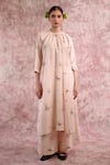 Buy_Doodlage_Beige Bemberg, Linen Round Neck Printed Gathered Tunic _at_Aza_Fashions