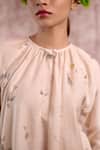 Doodlage_Beige Bemberg, Linen Round Neck Printed Gathered Tunic _at_Aza_Fashions