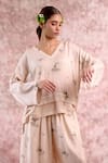 Buy_Doodlage_Beige Bemberg, Linen V-neck Printed Layered Top _at_Aza_Fashions