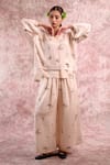 Shop_Doodlage_Beige Bemberg, Linen V-neck Printed Top And Palazzo Set _Online_at_Aza_Fashions