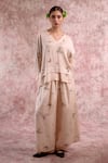 Doodlage_Beige Bemberg, Linen V-neck Printed Top And Palazzo Set _at_Aza_Fashions
