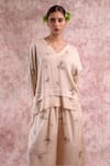 Buy_Doodlage_Beige Bemberg, Linen V-neck Printed Top And Palazzo Set 