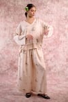 Buy_Doodlage_Beige Bemberg, Linen V-neck Printed Top And Palazzo Set _at_Aza_Fashions
