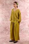 Buy_Doodlage_Green Bemberg, Linen V-neck Top And Pleated Pant Set _Online_at_Aza_Fashions
