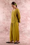 Buy_Doodlage_Green Bemberg, Linen V-neck Top And Pleated Pant Set 